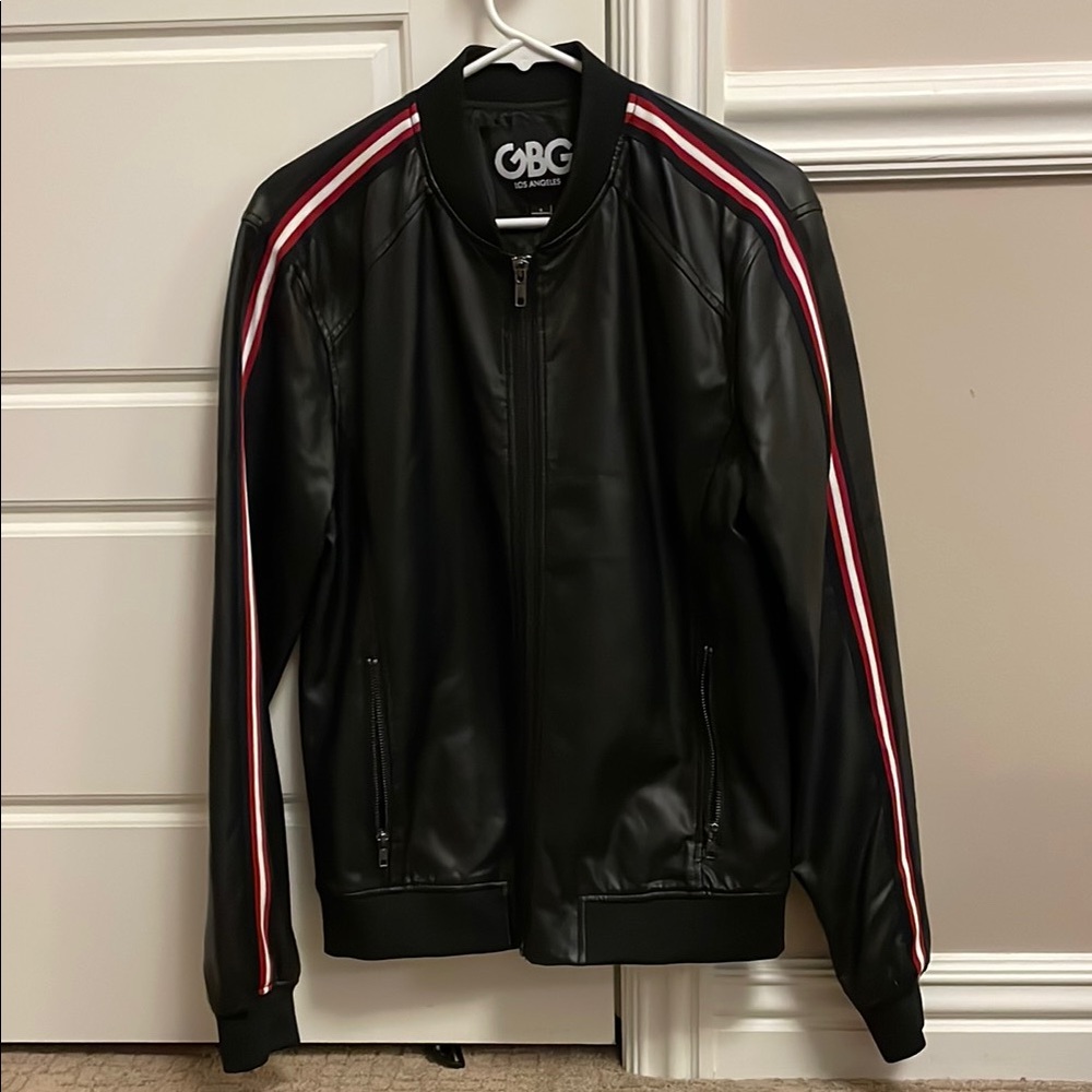 Black Faux Leather Jacket with Red and White Stripes